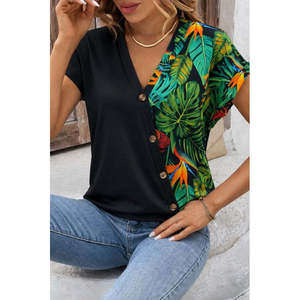 Chemisier en viscose à manches courtes et col en V pour femme, avec détail imprimé léopard, 37593 - Vert - Product Image 2