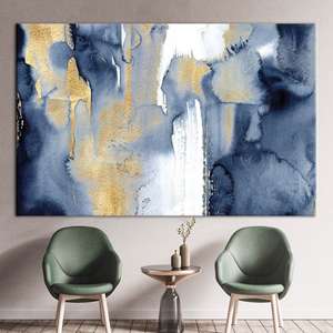 งานศิลปะบนผืนผ้าใบพิมพ์ลายนามธรรมสมัยใหม่สีน้ำเงินกรมท่าและสีทอง,1P:ห่อหุ้มอย่างดี - Product Image 1