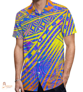 เสื้อเชิ้ตผู้ชายสไตล์ศิลปะหมู่เกาะแปซิฟิก ลายโลโก้แบบใหม่ กระดุมแบบคิวบา แขนสั้น - Product Image 2