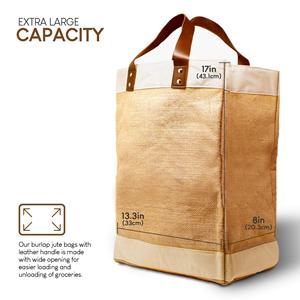 Vente en gros sac fourre-tout en jute naturelle robuste pour femmes sac d'épicerie en toile de jute écologique avec poignée en cuir - Product Image 4
