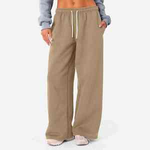 Pantalones de Chándal Casuales de Invierno para Mujer, Elegantes, con Encaje, Frente Plano, Pierna Ancha, Felpa Suave, Cintura Alta, Ajuste Relajado, Cómodos - Product Image 5