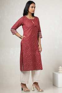 Kurti en coton marron confortable toutes saisons avec pompons Décoration Allure Touch-Taille naturelle lavable - Product Image 2