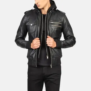 Premium Black Hooded <b>Leather</b> <b>Jacket</b> - Product Image 1