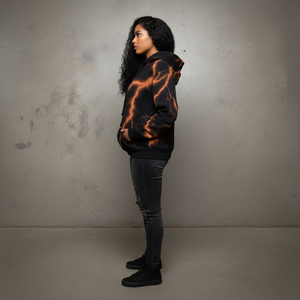 Vintage Y2K Style 3D Embroidery <b>Black</b> Bleach <b>Dye</b> Effect Rusty Orange Thunder Streetwear Hoodie for Women Breathable Eco-Friendly - Product Image 5