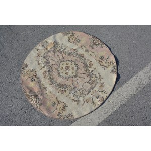 Alfombra turca Vintage de 3,5 pies X 3,5 pies, alfombra rectangular de área grande de lana de retazos beige y rosa para adolescentes, estilo abstracto, látex Tabriz - Product Image 4