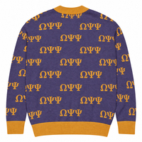 Cardigan en tricot sur mesure pour fraternité universitaire, motif grec complet, col en V, boutonné, vente en gros