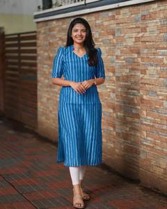 Kurta droite en coton élégant pour les femmes | Conception rayée à manches bouffantes | Kurti indien quotidien et de bureau - Product Image 2