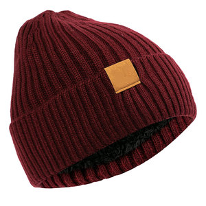 Bonnet en tricot bordeaux unisexe avec patch en simili cuir, 100% acrylique, bonnet d'hiver pour usage décontracté en extérieur, taille adulte 56-58CM - Product Image 1