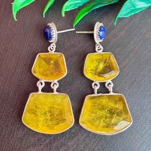 Boucles d'oreilles pendantes en Lapis Lazuli naturel et Quartz jaune faites à la main en argent sterling plaqué bijoux en pierres précieuses pour femmes - Product Image 4