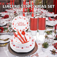 Ensemble de 175 assiettes en plastique jetables de Noël rouge et blanc Liacere, comprenant 25 couteaux à dessert, 25 cuillères, 25 gobelets et 25 serviettes.