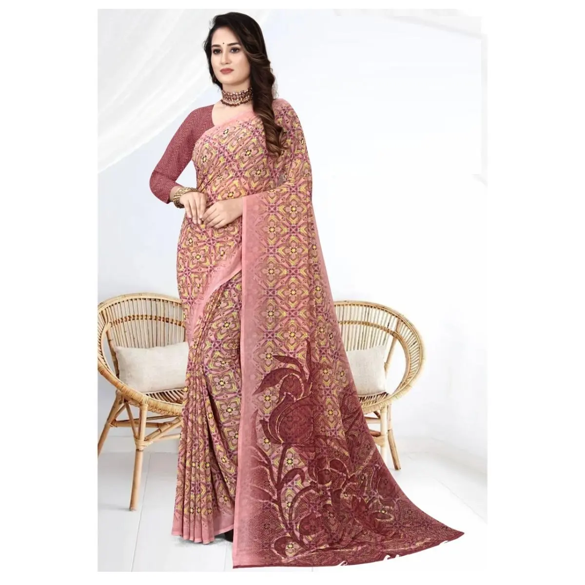 Pakaian etnik India Georgette wanita Saree Multi warna dengan blus ekstra potongan dari eksportir India dan produsen