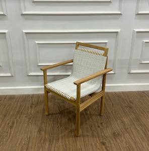 Teak Wood Arm <b>Chair</b> <b>Dining</b> with <b>White</b> Rattan for Outdoor Furniture - Product Image 4