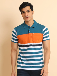 เสื้อยืดแขนครึ่งส่วนคอโปโลลายทางใส่สบายทันสมัยสำหรับ100% เสื้อลำลองผ้าคอตตอนสีเขียวสนิมสำหรับทุกโอกาสระดับพรีเมียม - Product Image 2