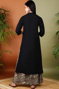 Kurta Droite en Coton Slub pour Femmes avec Palazzo Imprimé Kalamkari Longueur Mollet Col Mandarin Manches Trois Quarts Noir - Product Image 6