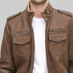 Classic <b>Brown</b> Faux <b>Leather</b> Bomber <b>Jacket</b> for <b>Men</b> with Zipper Pockets and Ribbed Cuffs Stylish Lightweight Outerwear - Product Image 2