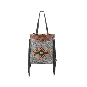 Bolso de mano de cuero mecanizado a mano, alfombra de flores a la moda con flecos de cuero, proveedor de fabricante indio de doble tapa - Product Image 1