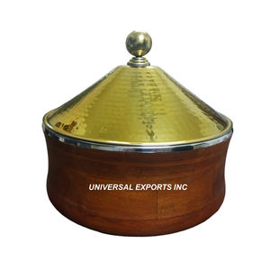 Walnut Finished Wooden Hotpot With Gold Hammered Lid Nice Quality Handmade Casserole Hot Selling New Metal <b>Food</b> <b>Warmer</b> - Product Image 1