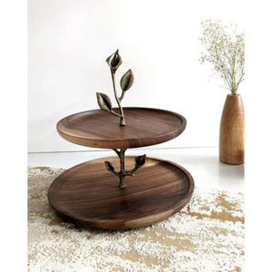 Soporte decorativo para tartas hecho a mano, soporte para cupcakes de forma redonda con soporte de hojas de Metal, soporte moderno para tartas de madera de 2 niveles a buen precio - Product Image 1