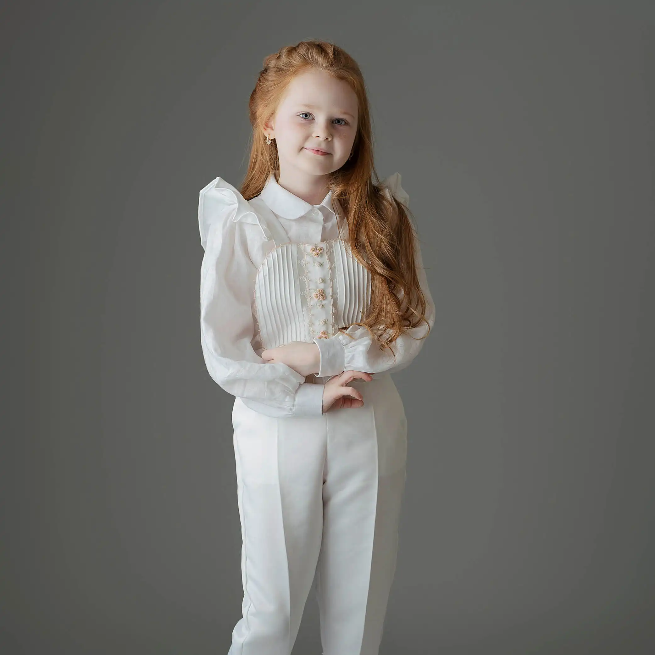 Wholesale Coverall Girl Clothing Kid Wear Beading Embroidery Cotton Fashion Long Shirt White Pants Girl Clothes Set 2 Pieces