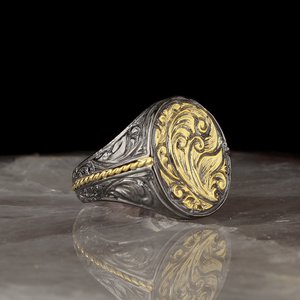 Anillo de Hombre Estilo Otomano de Plata de Ley 925 al por Mayor, Modelo Bicolor en Rodio y Oro RCEGYT-258, Hecho en Turquía - Product Image 1