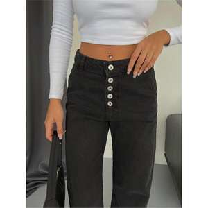 Jeans de Mezclilla Negros con Botones para Mujer - Product Image 1