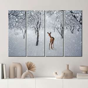 Arte en lienzo de ciervos: elegante impresión decorativa de paisaje invernal para pared, 4P: estirado sobre lienzo - Product Image 1
