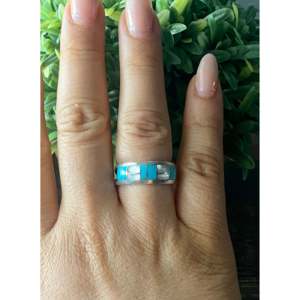 Navajo Handmade Turquoise & <b>Jade</b> Sterling Silver Inlay Band <b>Ring</b> Size 9 - Product Image 2
