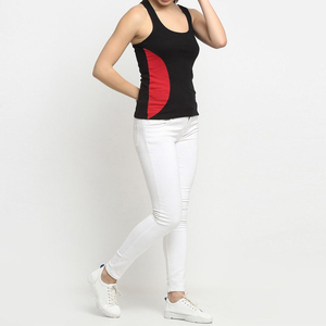 Women's Black Red Solid O-<b>Neck</b> Sporty Knitted Breathable Spandex/Cotton Short Sleeveless Tank Top - Product Image 6
