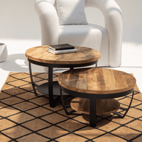 Ensemble de tables basses gigognes rondes en bois de style rustique moderne avec structure en fer, faciles à nettoyer, meubles de salon