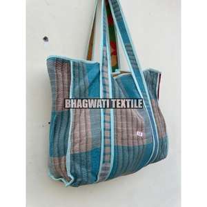 Kantha-Sac fourre-tout en coton fait à la main, avec deux sangles, fermeture ouverte, décoration florale, style décontracté - Product Image 2