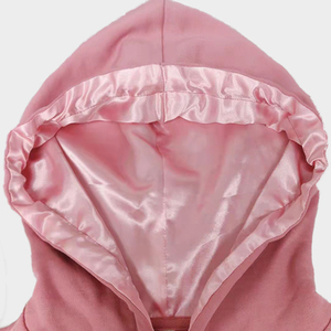 Personalizado Puff Impresión Bordado Logo Crop corto Top seda forrado Mujeres Velur Hoodie satén sudaderas con capucha - Product Image 3