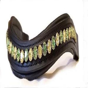 Banda de cejas de caballo de cuero negro duradero con remium suave acolchado fuerte con cristales verdes decorativos de diamantes de imitación mega Bling - Product Image 2