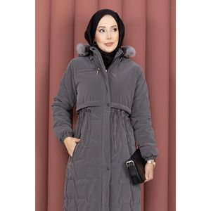 Manteau Nova avec capuche en fourrure coupe-vent et fermeture éclair gris foncé pour l'hiver - Product Image 2