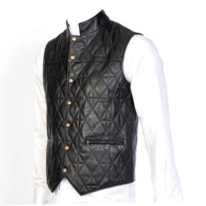Black Leather Solid Vintage Men's Breathable Outerwear Vest Quilted Diamond Stitching O Neck Collar <b>Snap</b> Front Placket Closure - Product Image 2