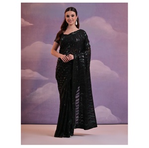 Meilleure vente en georgette douce belle broderie à double séquence avec bordure en dentelle Saree disponible au prix de gros - Product Image 1