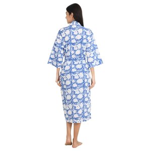 Boho-Kimono Style Lightweight Cotton Housecoat with Hand-Drawn Indian Floral Print 1-Piece - Product Image 4