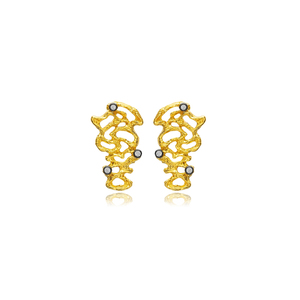 Pendientes de tuerca vintage Plata de Ley 925 diseño irregular tinta negra CZ piedra 22K chapado en oro joyería turca hecha a mano - Product Image 1