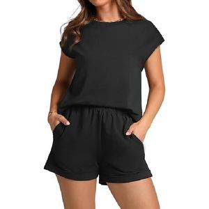 Ensemble décontracté d'été 2 pièces personnalisé pour femme : hauts à manches courtes et shorts à taille élastique avec poches, 100 % coton, séchage rapide - Product Image 2