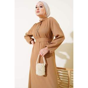 Half <b>Button</b> Collar String Dress Camel - Product Image 4