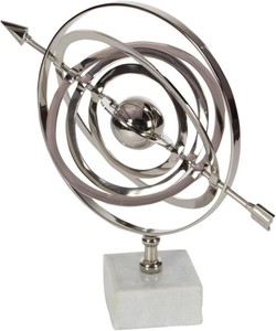 Globe décoratif armillaire en aluminium argenté avec base en marbre blanc Décoration de bureau moderne Table d'accent Sphère Sculpture polie - Product Image 2