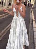Robe longue décontractée pour femme à pois naturels, coupe trapèze, bretelles spaghetti, décolleté en V profond, détails perles, respirante, fluide et ample