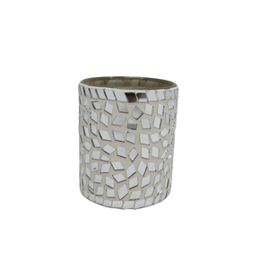 Pot de bougie en mosaïque de miroir argenté personnalisé fait à la main support votif en verre décoratif salon bol de noël de table cire fer - Product Image 1