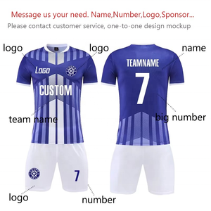 Uniformes de football bleu blanc à rayures personnalisées de qualité professionnelle courts pour les sports d'hiver d'été imprimés nom d'équipe Logo Football - Product Image 6