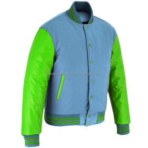 Chaqueta Varsity 2026 OEM Nueva en Lana Azul Cielo con Mangas de Cuero Verde para Hombre, 100% Alta Calidad, MOQ Bajo, Chaquetas Calefactables Hechas a Medida - Product Image 5