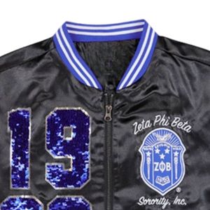 Zeta Phi Beta Sorority Sequin Jacket Noir Bleu 1920 Greek Life Apparel Broderie personnalisée ZPB Glitter Varsity Bomber Party Wear - Product Image 5