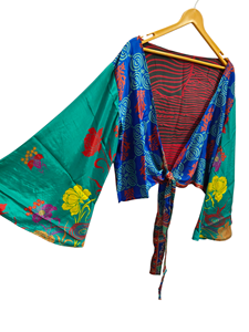 Vêtements pour femmes-Top de luxe en soie à manches cloche, veste à imprimé floral cachemire, cadeau pour elle-Top court indien - Product Image 2