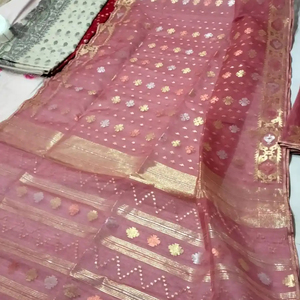 Exclusif Deshi Dhakai Jamdani Sharee Qualité d'exportation pour les femmes JAMDANI FABRIC Bleu VERT Doré Bleu Ciel du Bangladesh - Product Image 1