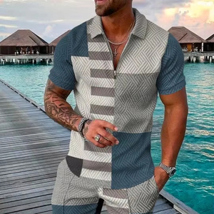 Vêtements pour hommes Streetwear Summer Trend Plaid Stripes Print Men's Tracksuit Casual Zipper Collar Polo Shirt And Shorts 2pcs Sets - Product Image 3
