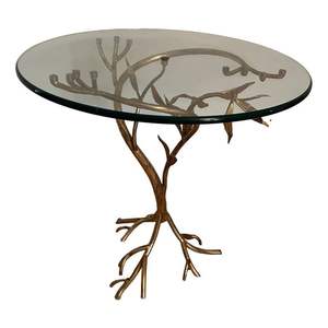 Polished aluminum coffee <b>table</b> with flower accents and <b>clear</b> glass top perfect for hotel lobbies or luxury homes - Product Image 2