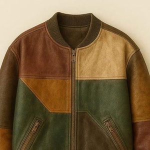 Chaqueta Bomber de cuero de retazos de gran tamaño Unisex Ajuste relajado Cuero real Hombres y mujeres HSE - Product Image 3